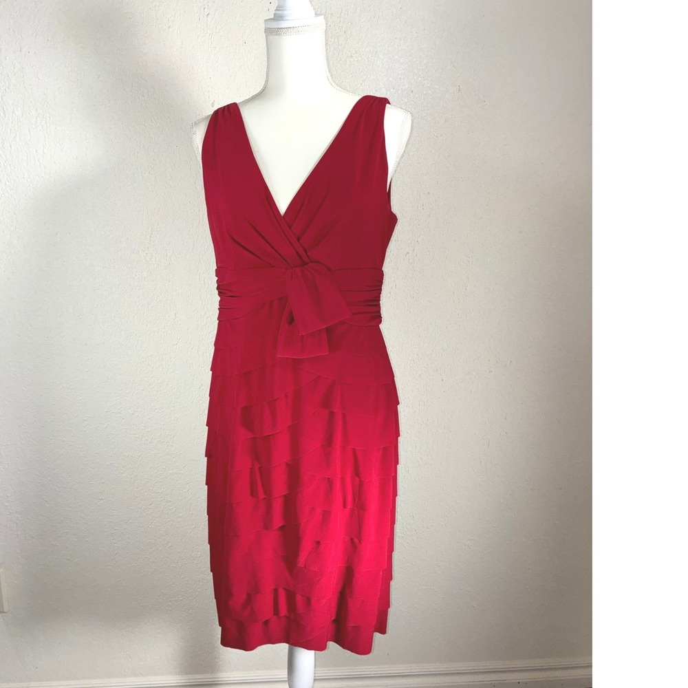 Jones New York Red Tiered Ruffle‎ Sheath Dress V-Neck Bow Detail Size 10
